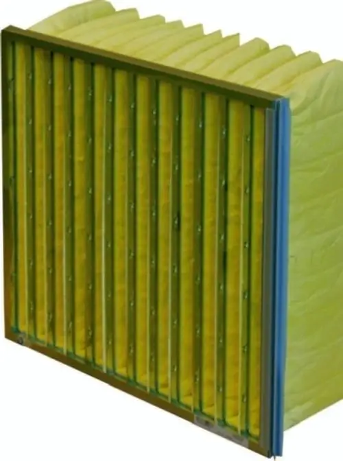 Wolf Taschenfilter mit einer netzartigen Struktur und Metallrahmen, geeignet zur Luftfiltration in HVAC-Systemen.